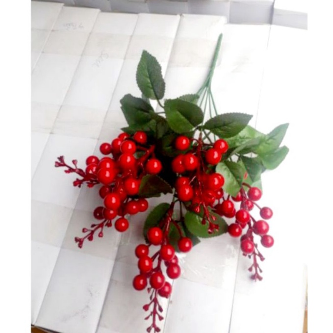 Hoa giả - Cụm quả cherry 7 nhánh trang trí nhà cửa