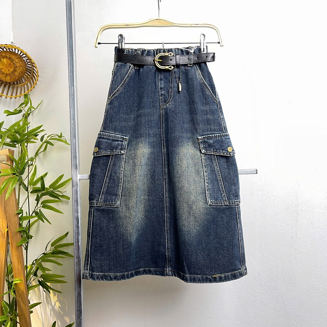 Chân váy bé gái dáng dài size đại 7-12 tuổi bò mài túi hộp 2 bên kiểu dáng khỏe khoắn thời trang