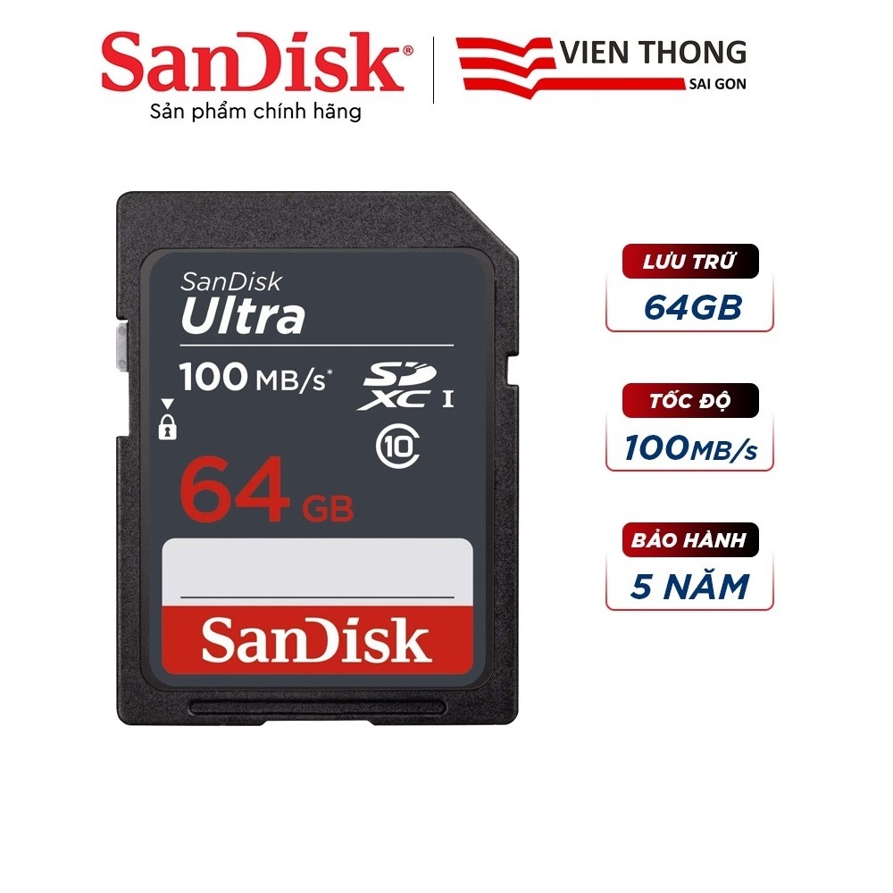 Thẻ nhớ SDXC Sandisk Ultra 64GB upto 100MB/s UHS-I (cho máy ảnh) - Hàng chính hãng