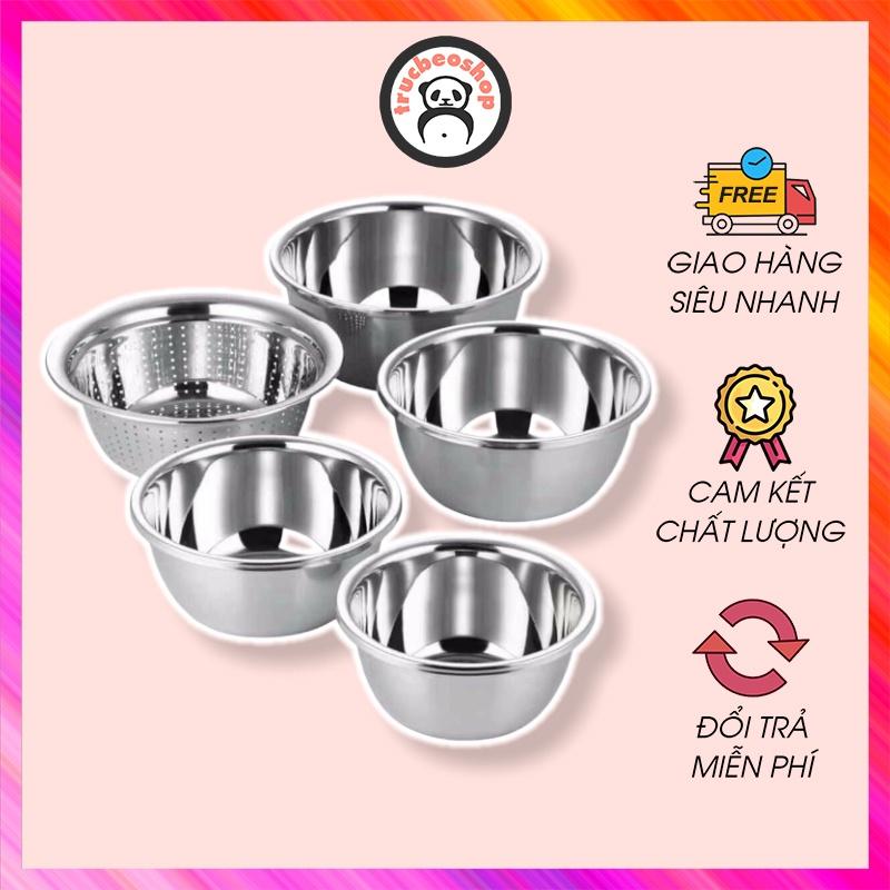 Bộ 5 Tô Chậu Rổ Inox Size 18-26cm, Nhiều Kích Cỡ Gồm 1 Rổ + 4 Tô Chậu AT0130