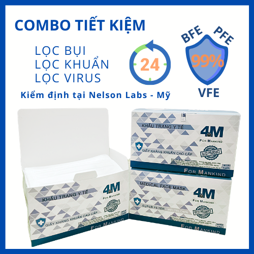 Combo Tiết Kiệm - 3 hộp khẩu trang y tế kháng khuẩn 4 lớp 4M Ultra Filter màu trắng - Thương hiệu 4M - Chuẩn quốc tế lọc bụi, lọc khuẩn BFE - VFE - PFE &gt;99%