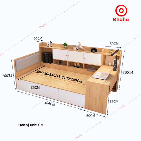 Giường ngủ công nghiệp bọc nệm kèm tủ và bàn học OHAHA - GN049