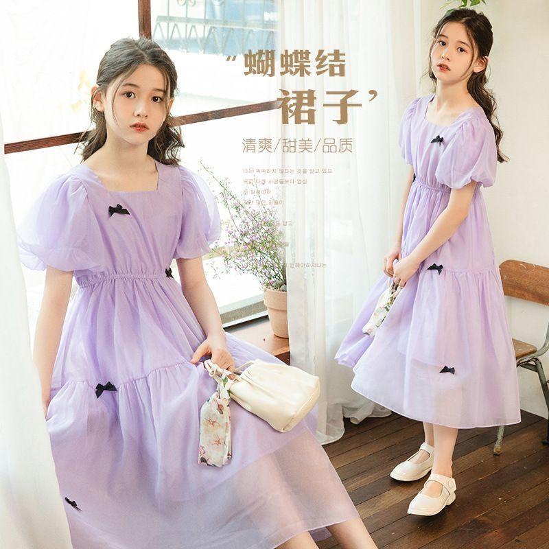 DONGSHOP HOT Trung bình lớn cô gái chiffon đầm 2023 thời trang bong bóng tay áo công chúa đầm dài cô gái bãi biển váy mùa hè