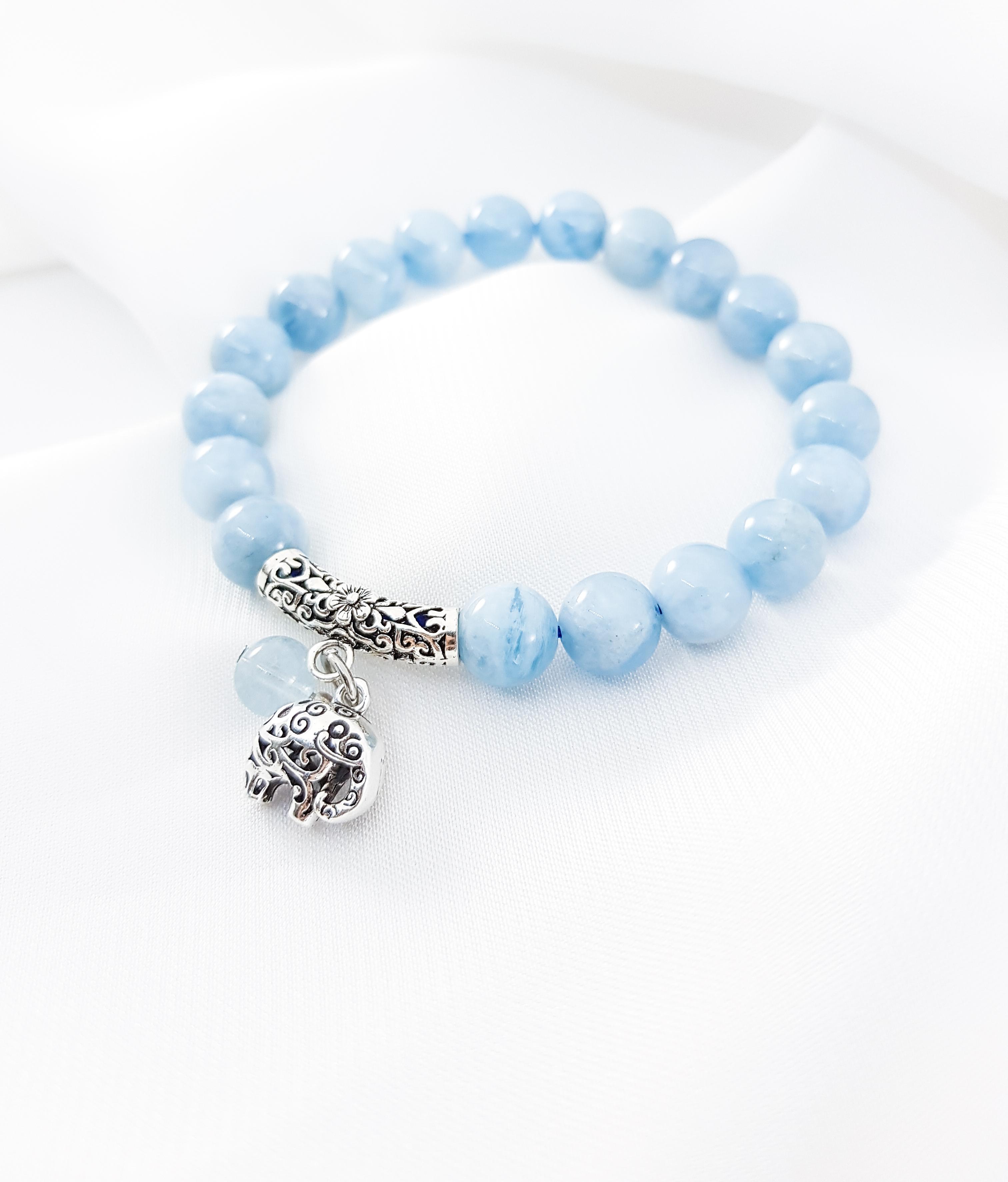 Vòng tay mệnh thủy, mộc đá Aquamarine mix charm con voi
