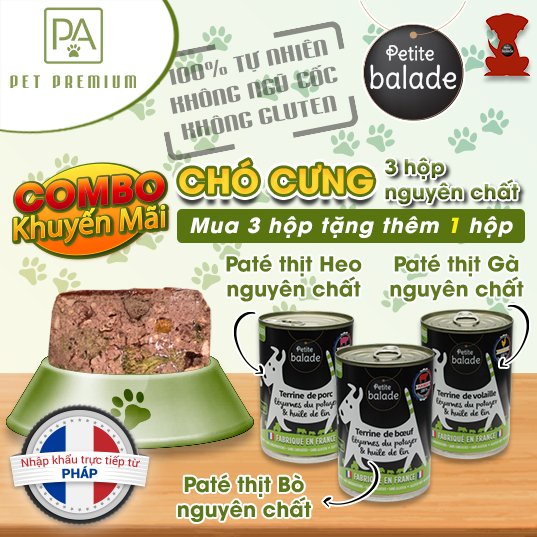 (Combo 3 hộp 3 vị thịt nguyên chất) Pate cho chó Petite Balade 400g/hộp (Pate thịt Heo, Pate thịt Gà, Pate thịt Bò) nhập khẩu từ Pháp