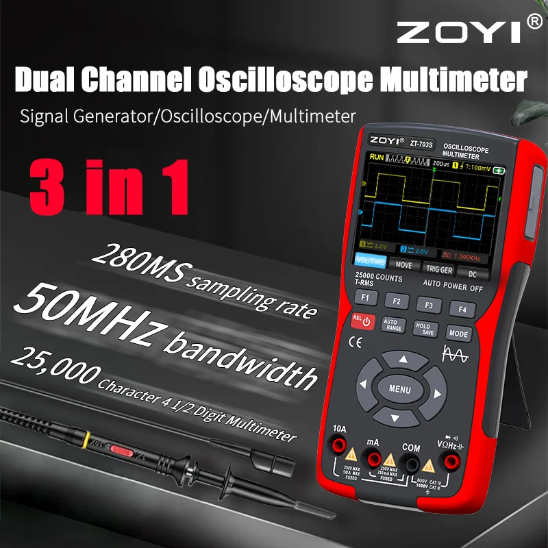 Đồng hồ đo điện vạn năng kỹ thuật số Zoyi ZT-703S 3 trong 1, tích hợp đo sóng hai kênh 50 mhz, băng thông 280ms, tốc độ pc, lưu trữ dữ liệu dạng sóng, máy phát tín hiệu dao động kép - Hàng Chính Hãng