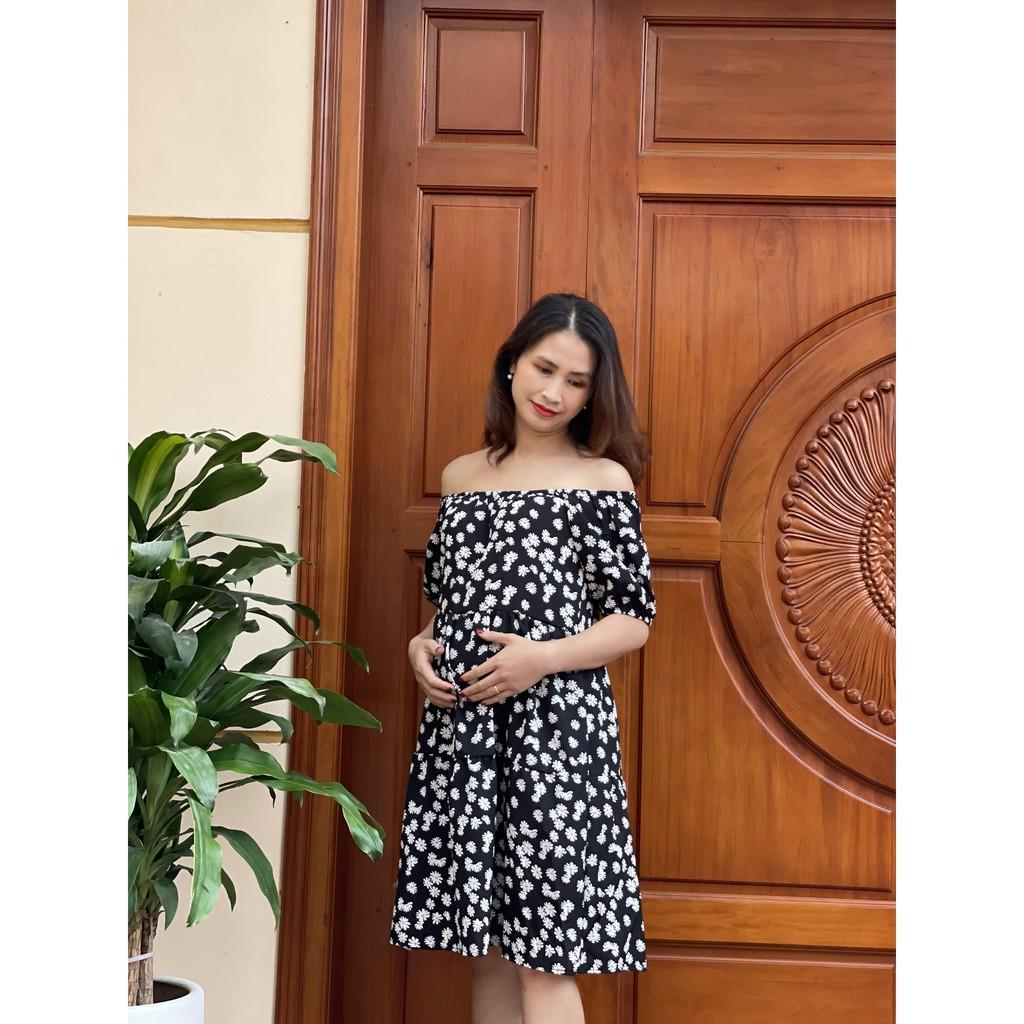 Váy bầu trễ vai họa tiết hoa cúc mặc bầu và sau sinh, đầm bầu thiết kế phong cách tiểu thư sang chảnh V270