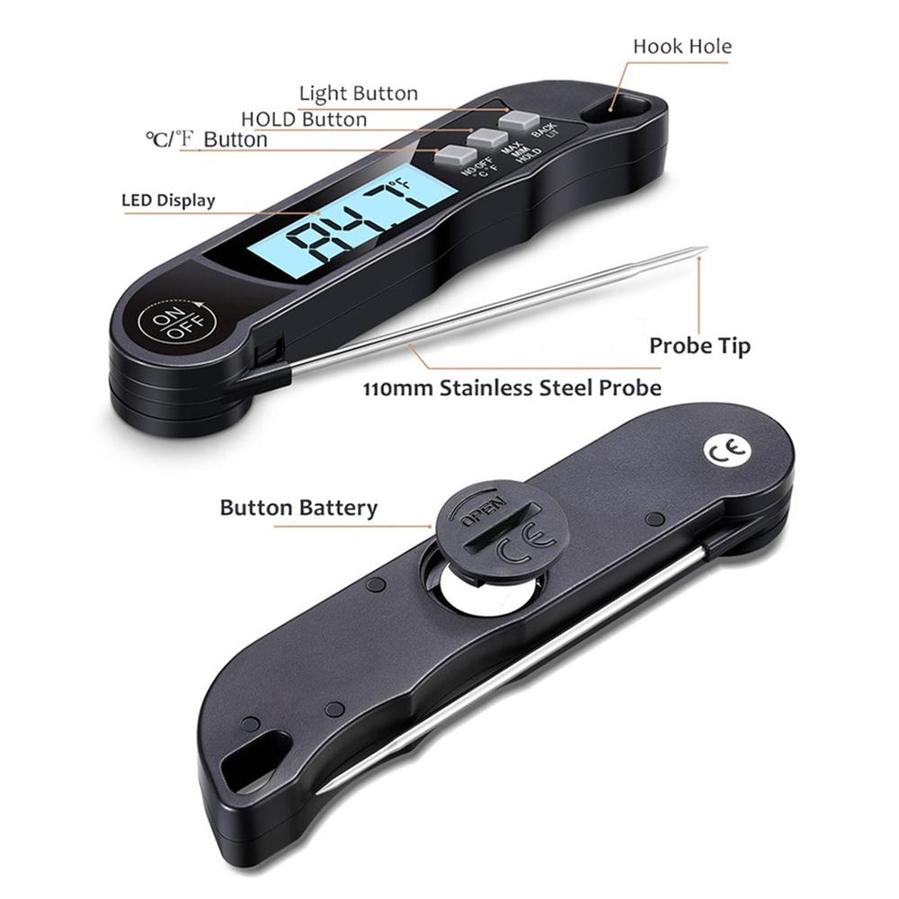 Meat Cooking Thermometer Digital Instant Read Portable Foldable LED Display Food Thermometer for Home Kitchen BBQ Grill