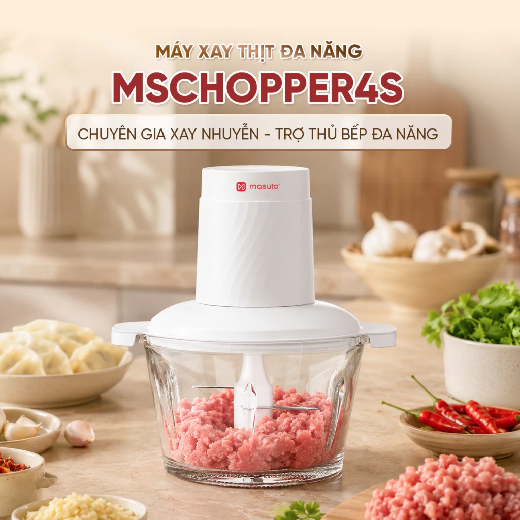 Máy Xay Thịt Đa Năng MSCHOPPER4S cối thủy tinh xay thịt, xay gia vị siêu nhanh Công Suất 300W Dung tích 1.8L - Hàng chính hãng