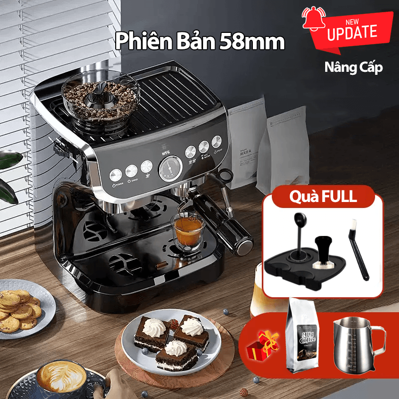 Máy pha cà phê Hitech CF07 tích hợp xay bột cà phê 15 mức, đánh bọt sữa, pha espresso 19 bar mạnh mẽ, 3 trong 1 tiện lợi, tặng kèm temper inox và vòng đệm xay, hàng chính hãng