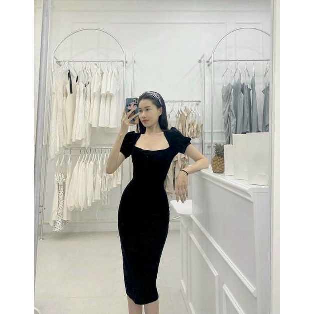 Đầm ôm body đen bo tay xếp li nhẹ phần hông