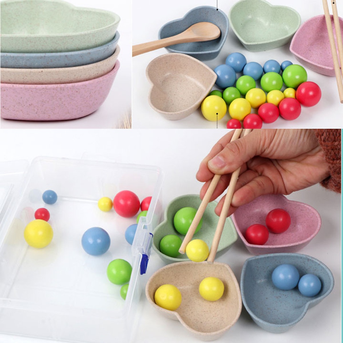 Bộ giáo cụ Montessori thực hành tập gắp bi gỗ