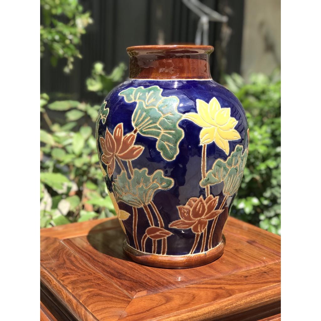 Bình Hoa Sen Xanh HN 31 Gốm Sứ Nam Bộ,Trang Trí Decor,Cấm Hoa,Lọ Hoa,Gốm Thủ Công Vẽ Tay