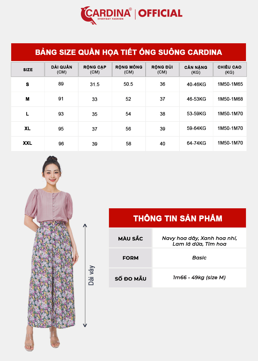 Quần Nữ CARDINA Chất Cát Hàn Cao Cấp Dáng Suông Có Khóa Kéo Họa Tiết 3QF08