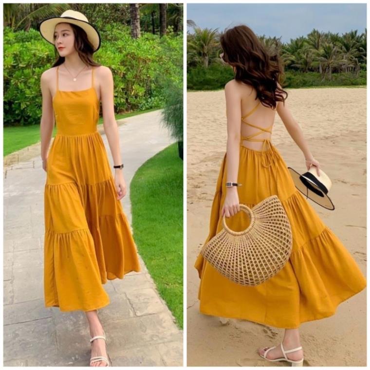 X2 Đầm dáng xòe váy maxi vàng nghệ đan dây sau đi biển tasa