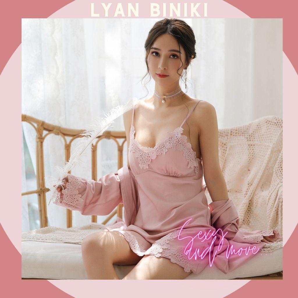 Set váy ngủ áo choàng lụa Satin 2 dây phối ren cao cấp Sexy quyến rũ LYAN BIKINI L016