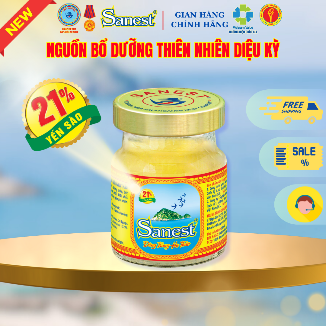 NEW [ Hộp quà tặng 6 lọ ] Nước Yến sào Khánh Hòa Sanest 21% - Đông Trùng Hạ Thảo