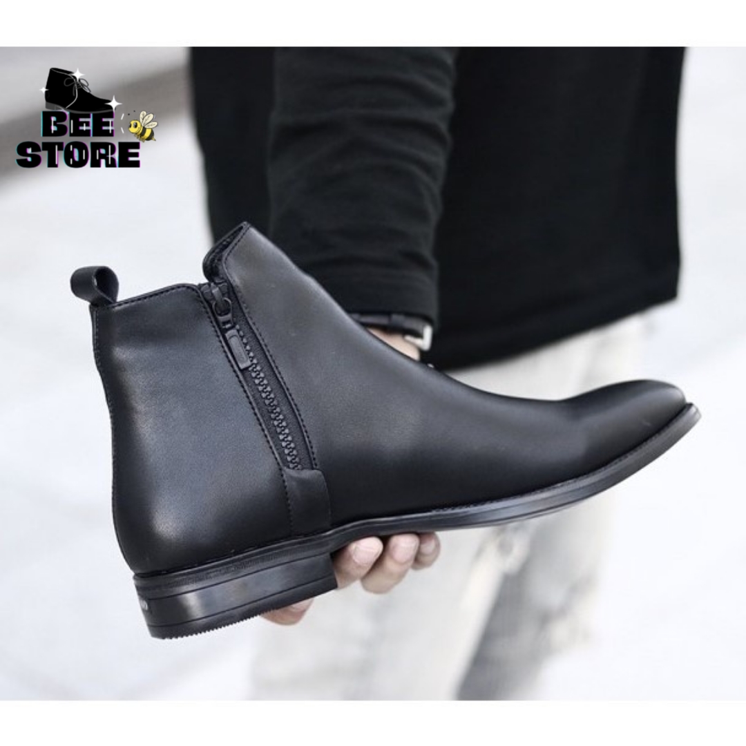 [FREE SHIP] Giày Da Nam Chelsea Boots Classic Da PU, Giày Bốt nam 1 bên kéo khóa, 1 bên phối thun cá tính BS68