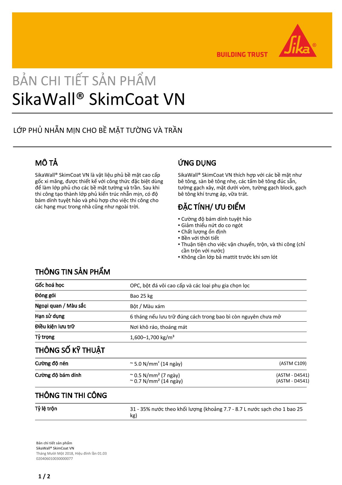 Bột trét tường Sika Wall SkimCoat VN – Bột trét tường cao cấp, độ bám dính cao, bền bỉ với thời tiết
