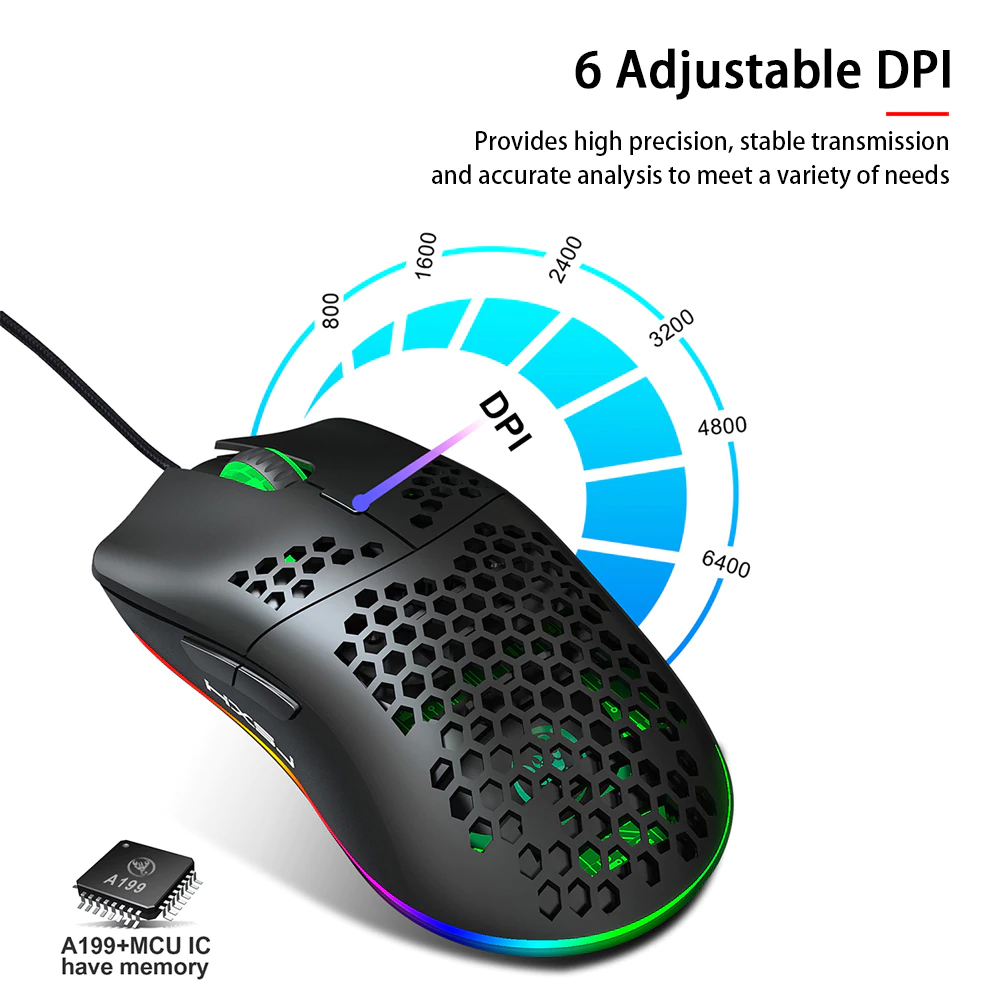 Chuột Chơi Game, Văn Phòng Có Dây HXSJ J900 Độ Nhạy Sáng 6400DPI - USB Wired Gaming Mouse RGB Gaming Mouse with Six Adjustable DPI Ergonomic Design for Desktop Laptop Black - Hàng Chính Hãng