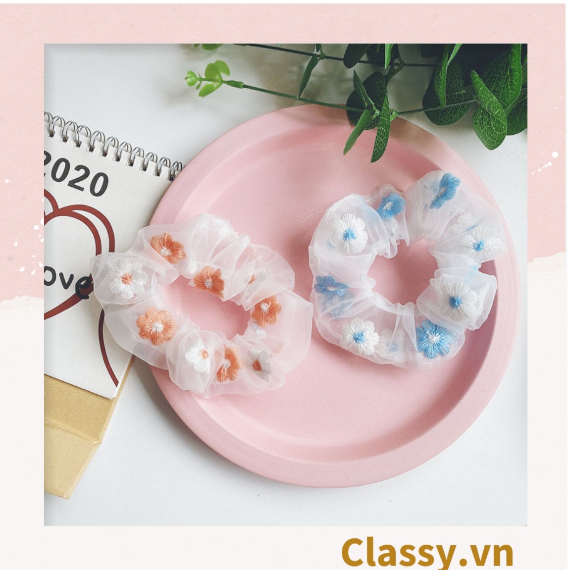 Dây cột tóc Scrunchies vải trong suốt thêu hoa