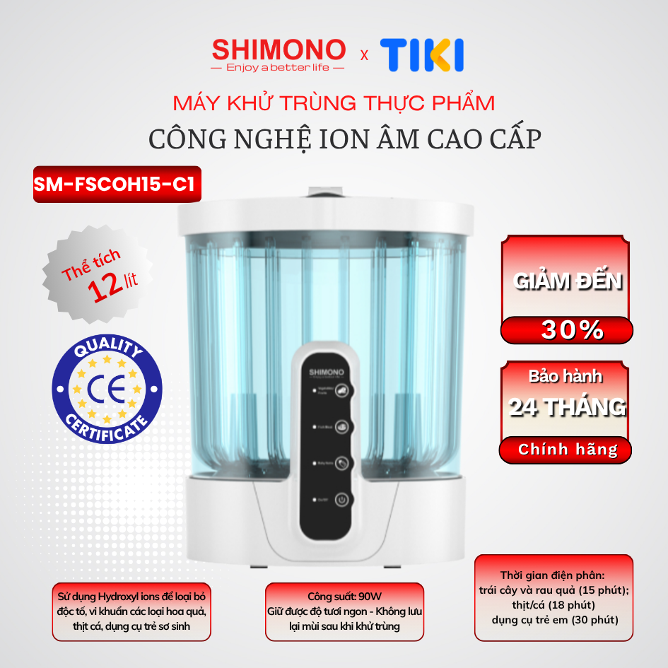 Máy Khử Trùng Thực Phẩm SHIMONO SM-FSCOH15-C1 Loại Bỏ Độc Tố Vi Khuẩn Trong Hoa Quả, Thịt Cá Mà Giữ Được Độ Tươi Ngon Hàng Chính Hãng