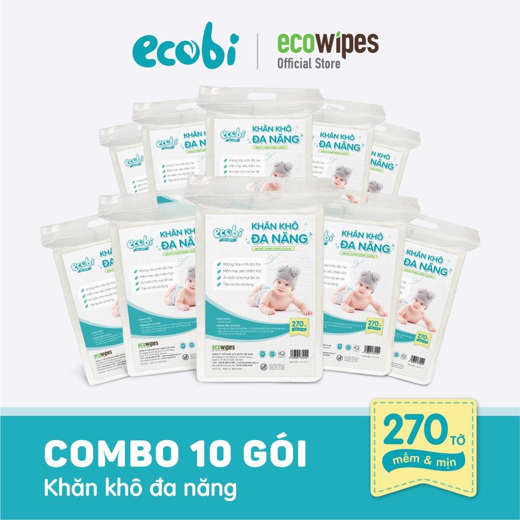 Combo 10 gói khăn khô đa năng cho bé EcoWipes Ecobi gói 270 tờ dùng thay khăn sữa an toàn cho trẻ sơ sinh
