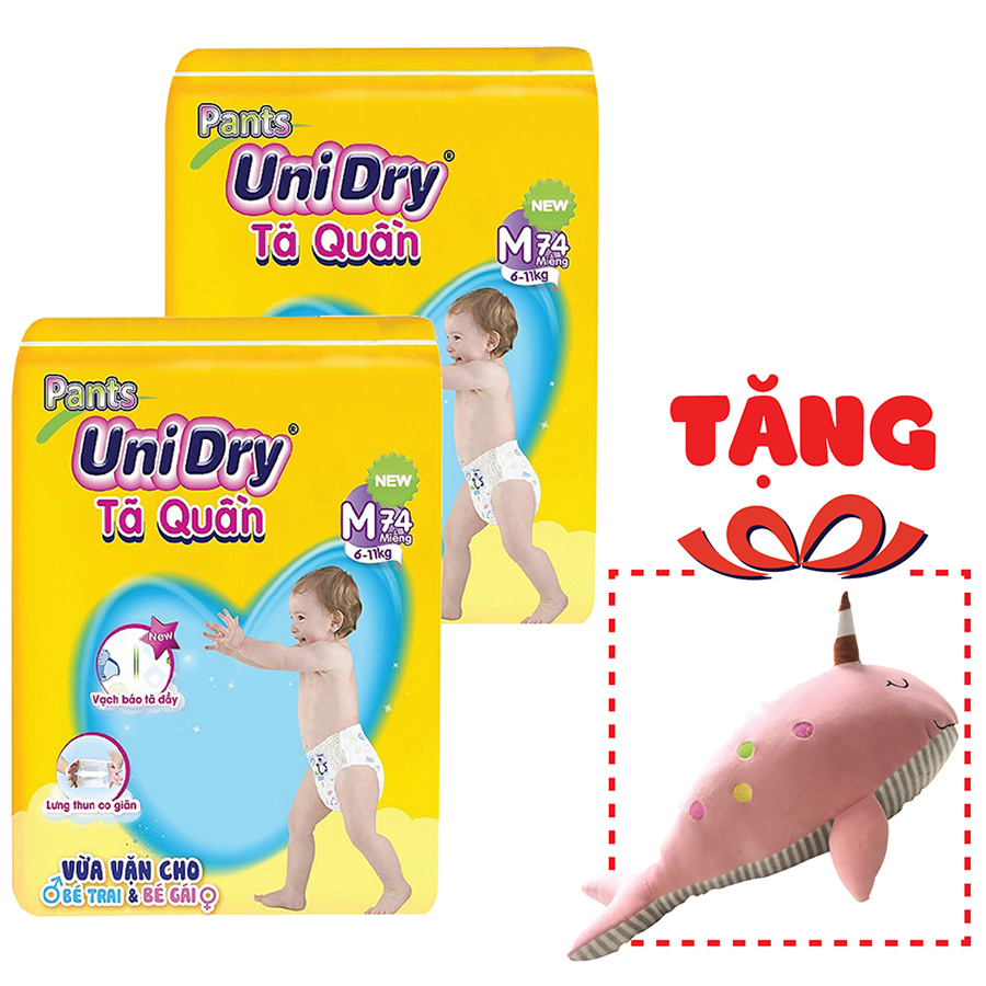 Combo 2 Tã Quần Unidry Ultra Jumbo M74 (74 Miếng) - Tặng 1 thú bông cá heo (màu giao ngẫu nhiên)