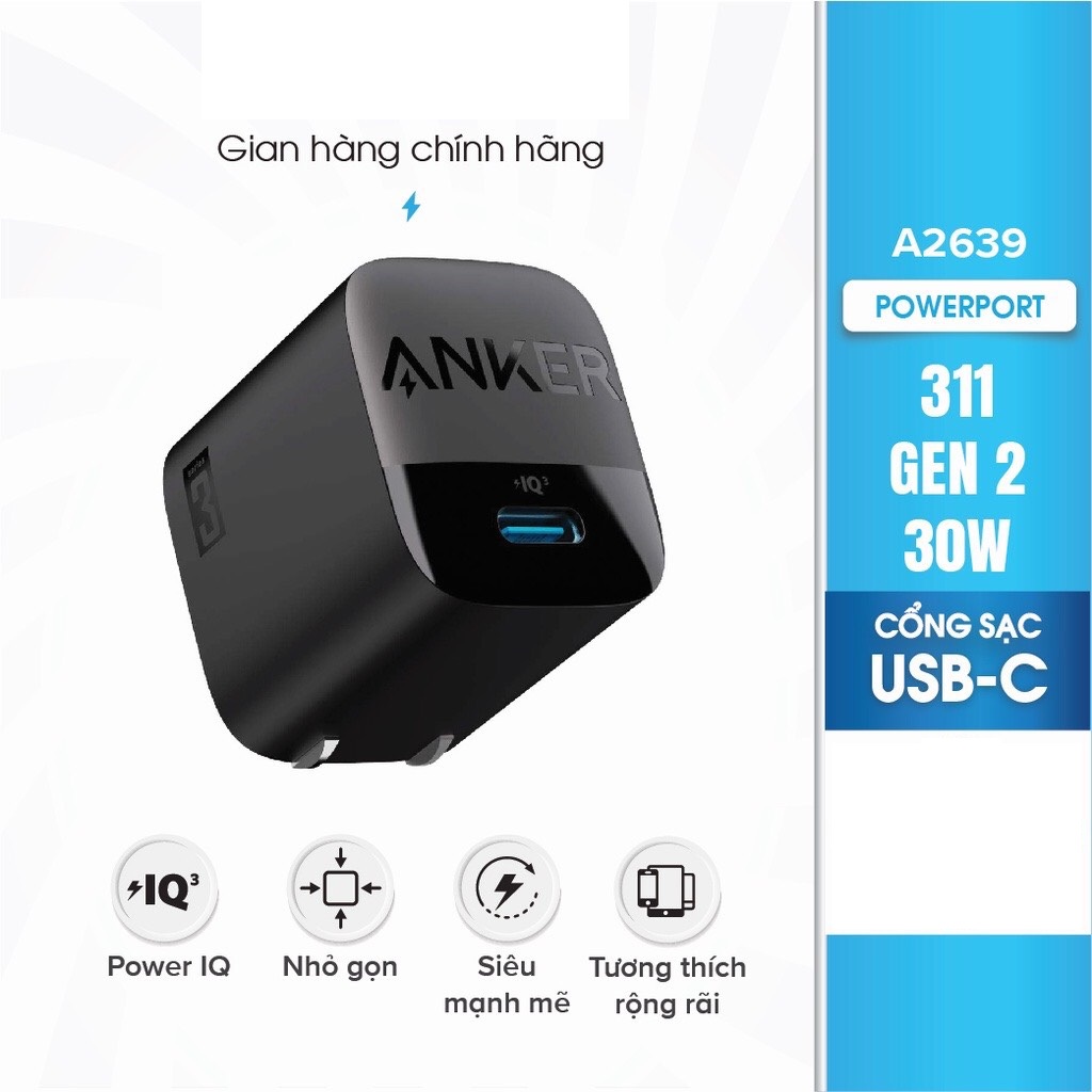 Cốc Sạc Nhanh AN KER 313/311 GEN 2 30W 1 Cổng USB-C PiQ 3.0 tích hợp PD/PPS - AN KER A2639 - Hỗ Trợ Sạc Nhanh Cho Iphone Và Android