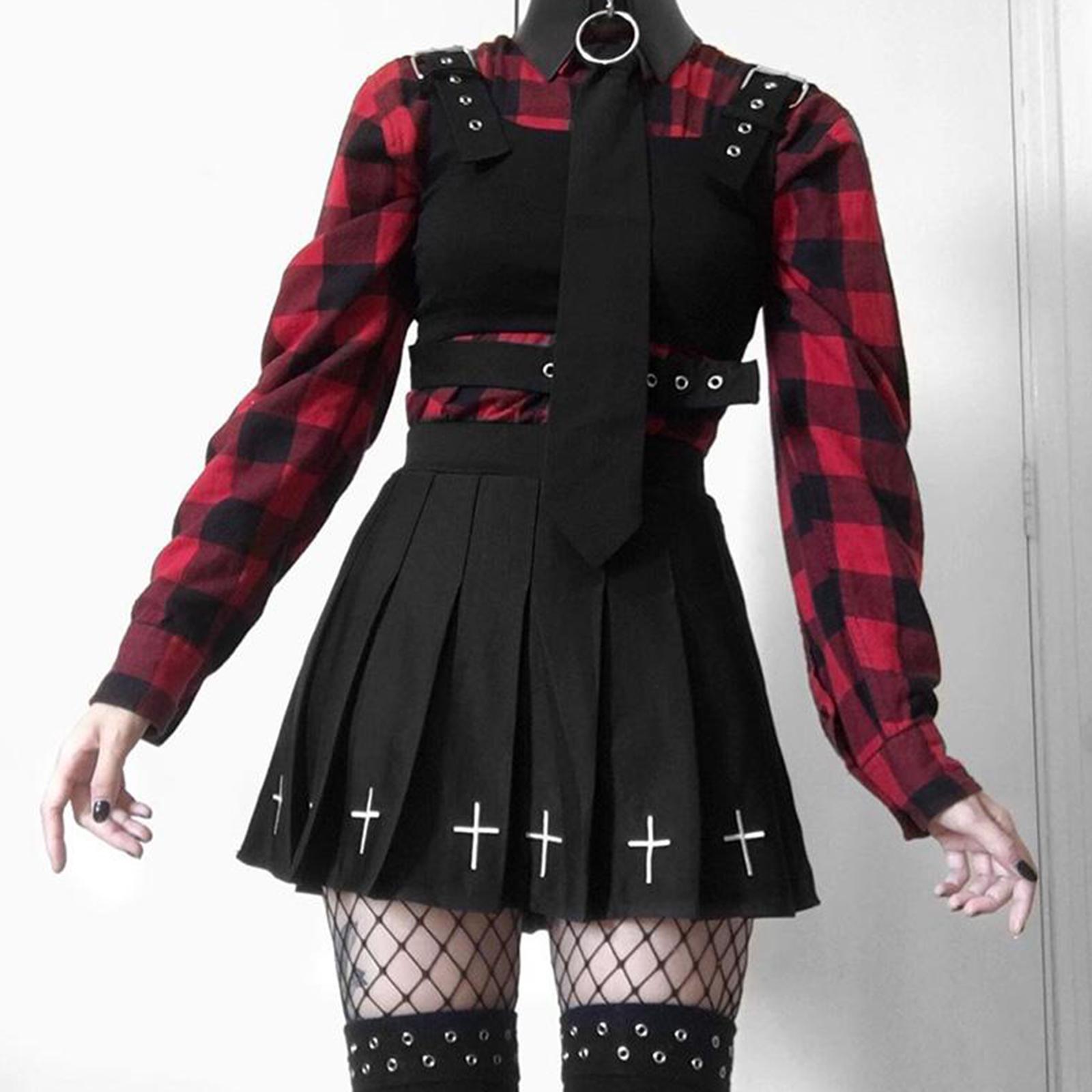 Girls Punk Cross Embroidery Skirts Pleated Women High Waist Mini Skirts Cross Female Black Skirts Cosplay Costumes Skirts