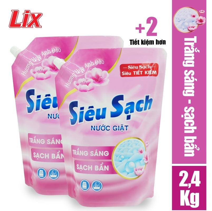 Combo 2 Túi nước giặt Lix siêu sạch hương hoa anh đào 2.4Kg 2C-N2503