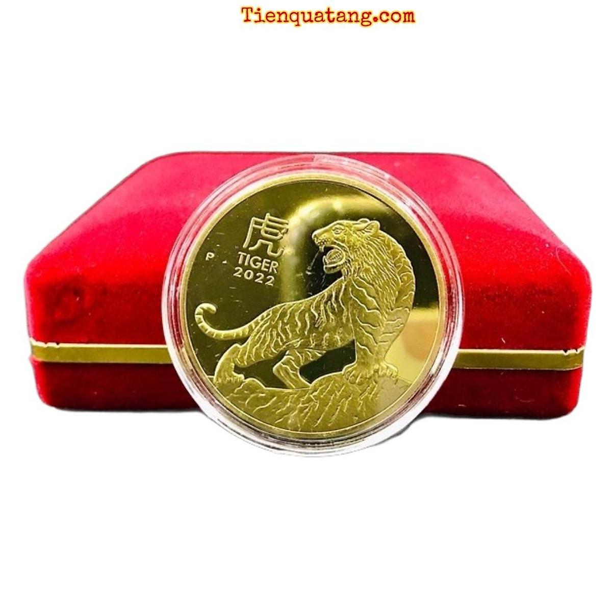 Đồng Xu Con Cọp (Hổ) Mạ Vàng Quà Phong Thủy May Mắn 2022 + kèm hộp nhung