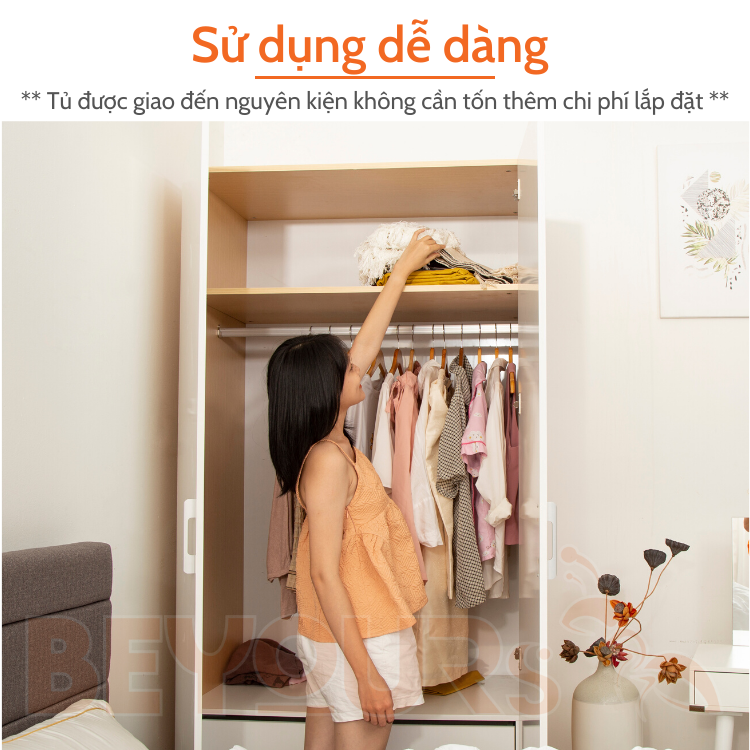 Tủ Quần Áo Gỗ Cửa Mở BEYOURs Mina 2 Cánh Màu Trắng Phối Gỗ Hiện Đại Thiết Kế Nhiều Ngăn Tiện Dụng