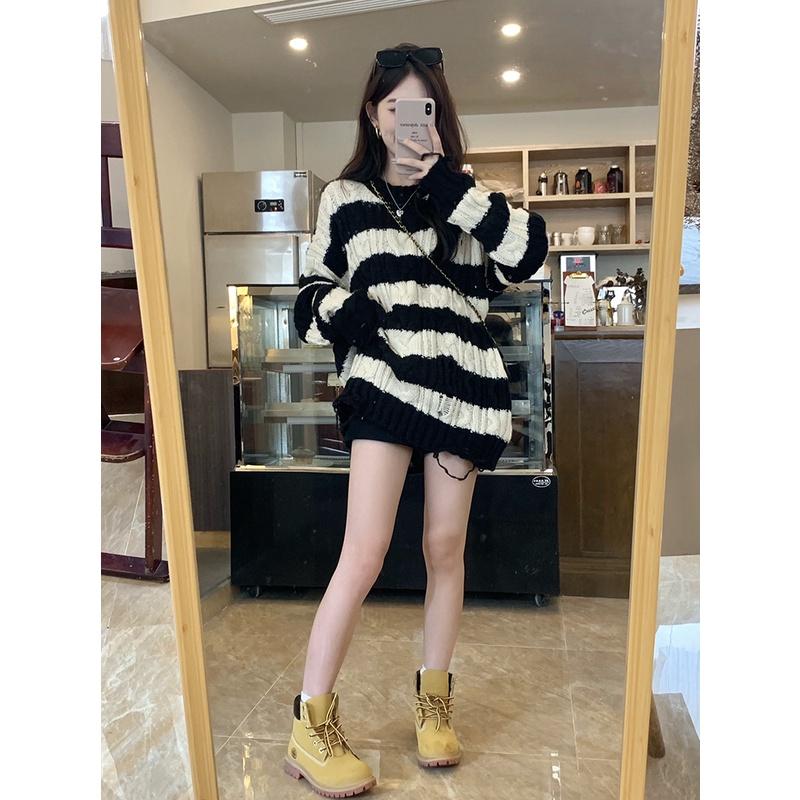 Áo Sweater Len Dệt Kim Cổ Tròn Tay Dài Dáng Rộng Họa Tiết Kẻ Sọc Ngang Phong Cách Vintage Đường Phố B-14