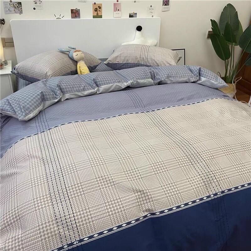 Bộ chăn ga gối cotton 100% organic mẫu kẻ mới 4 món