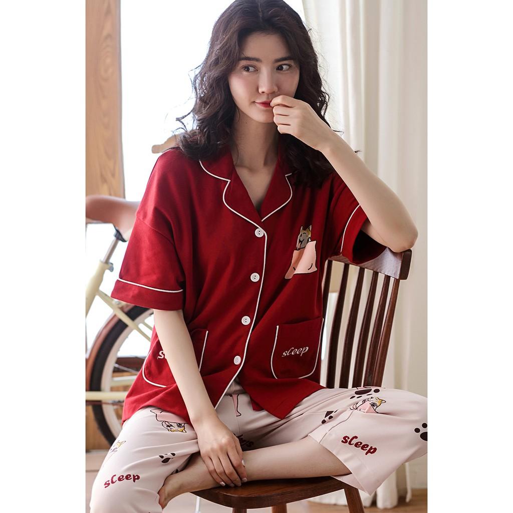 Đồ Bộ Pijama lửng tông đỏ nổi bật, phù hợp với các cô nàng cá tính mạnh mẽ, vải cotton 100% thoáng mát, thấm mồ hôi