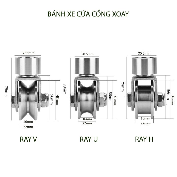 Bộ bánh xe cho cửa cổng trượt, cửa lùa bằng inox 304, loại xoay 360 độ, Kích thước 16x48mm