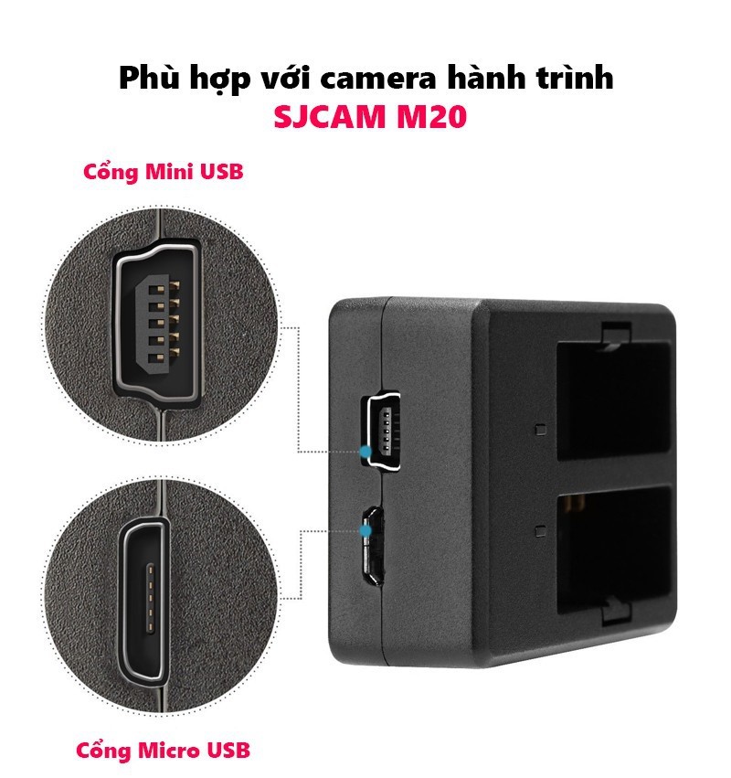 Dock Sạc Pin Đôi Kèm Cáp Cho Camera Hành Trình Sjcam M20 - Hàng Chính Hãng