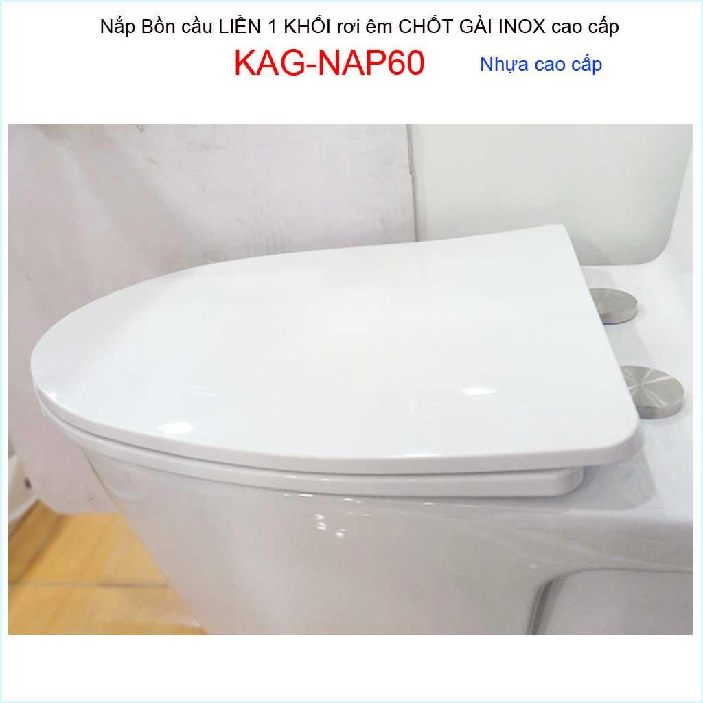 Nắp đậy bàn cầu 1 khối rơi êm chốt gài Inox KAG-NAP60, nắp bồn cầu khối liền khối cao cấp nhựa dày bóng siêu tốt