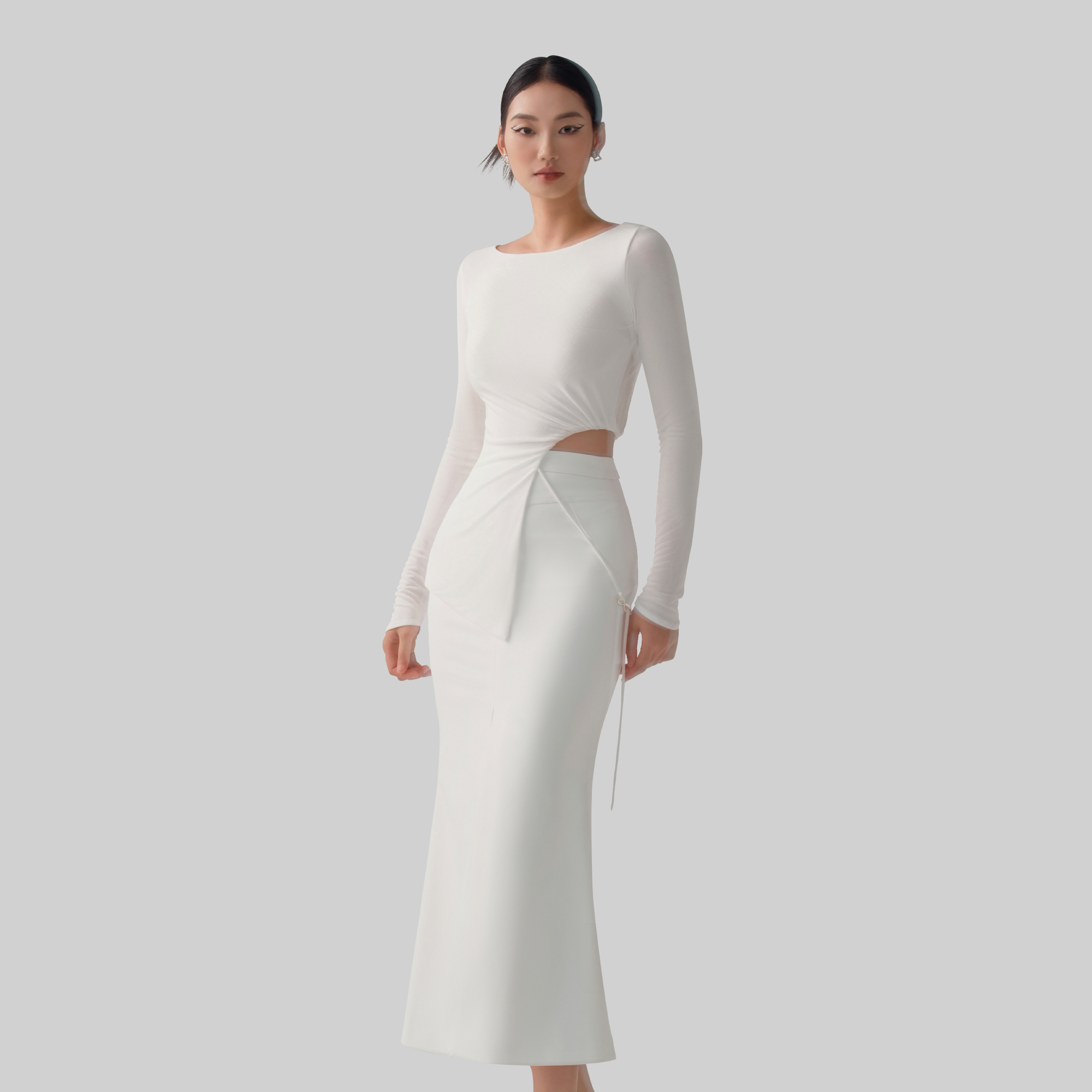Áo kiểu nữ, cổ ngang, dài tay  TAYLOR  thiết kế cao cấp WHITE CHIC
