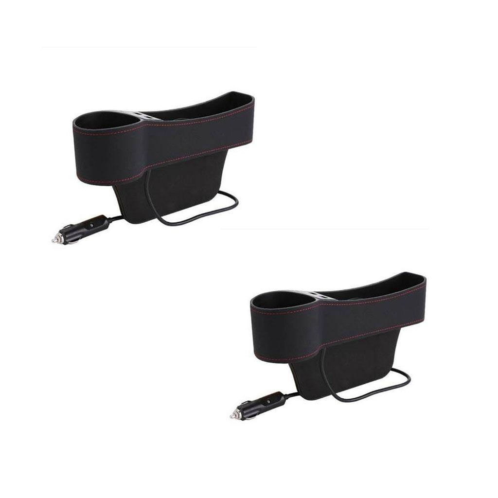 2 Pcs Car Seat Catcher Filler Storage Box Pocket Dual USB Cup Holder Black