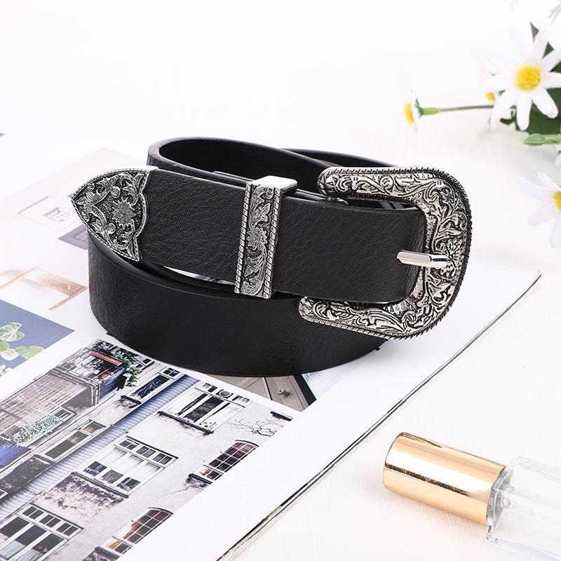 Thắt Lưng Nam Nữ Sơn Tùng bản khắc hoa văn Vintage Màu Đen Bạc Đẹp Cam - Dây Nịt Lưng Nam Nữ Unisex Mặt Kim Loại Vintage
