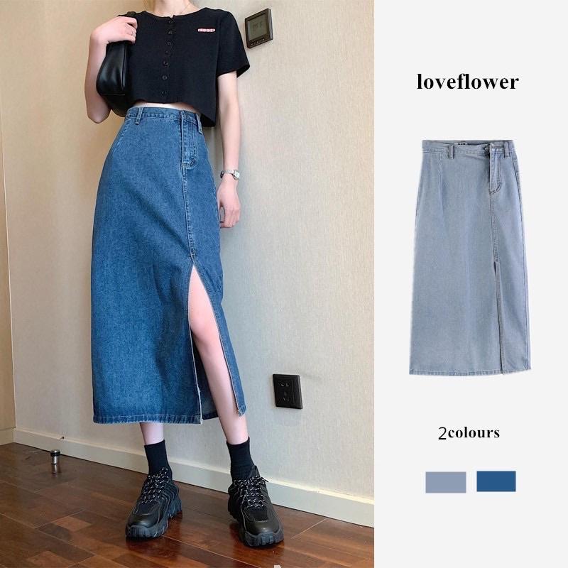 Chân váy bò Denim nữ chất Jeans dáng dài xẻ sườn lưng cao phong cách Ulzzang Hàn #918-929