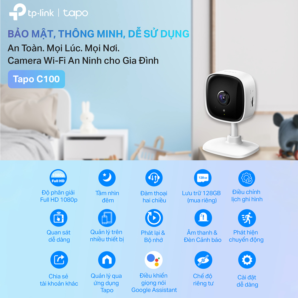 Combo Camera WiFi TP-Link Tapo C100 2MP và Thẻ Nhớ MicroSD Kioxia / Lexar 32Gb/64Gb/128Gb - Hàng Chính Hãng