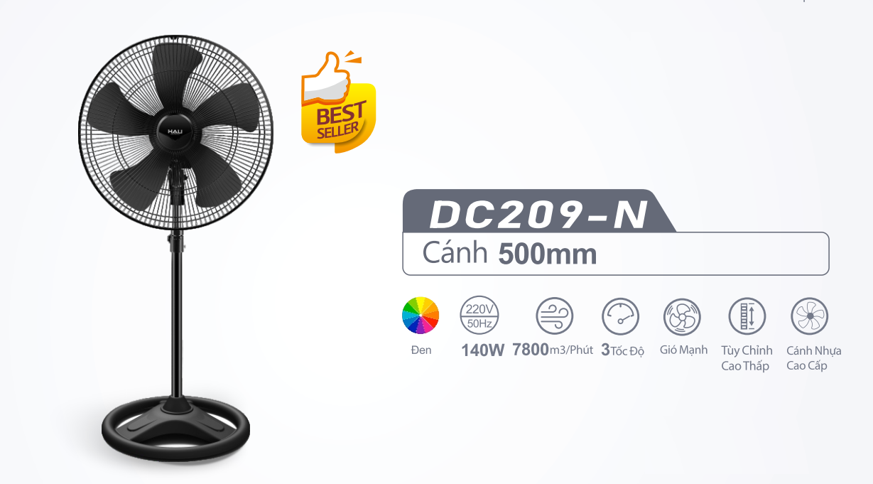 Quạt đứng công nghiệp Hali DC209C công suất 100W cánh 50cm chất liệu nhựa ABS bền bỉ - Hàng chính hãng - Bảo hành 12 tháng