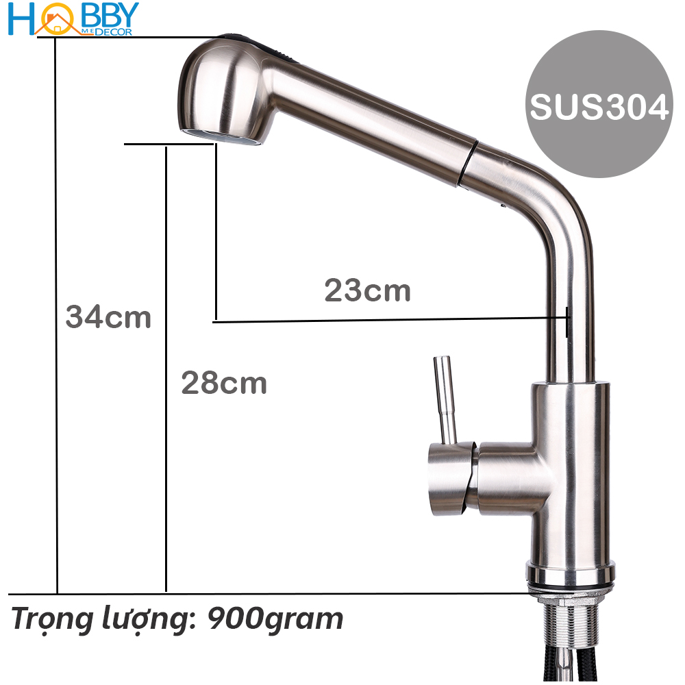 Vòi rửa chén nóng lạnh dây rút HOBBY VDR2 Inox 304 - 2 chế độ phun - đầu vòi kéo dài tiện lợi  - kèm 2 dây cấp nóng lạnh 60cm