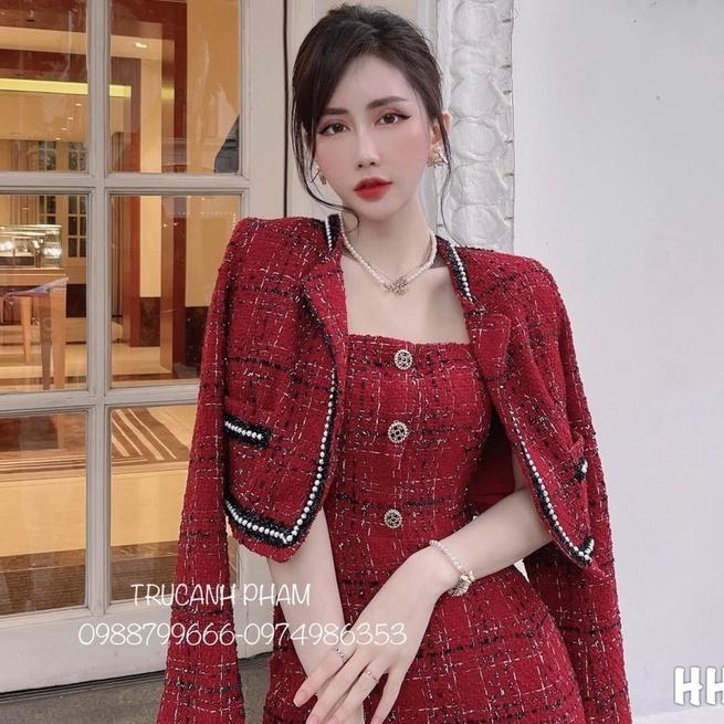 Set Dạ Tweed Ô Kim Tuyến, Set Váy Dạ 2 Dây Và Áo Choàng, Vải Chất Lượng Cao Cấp Y Hình - December Fashion