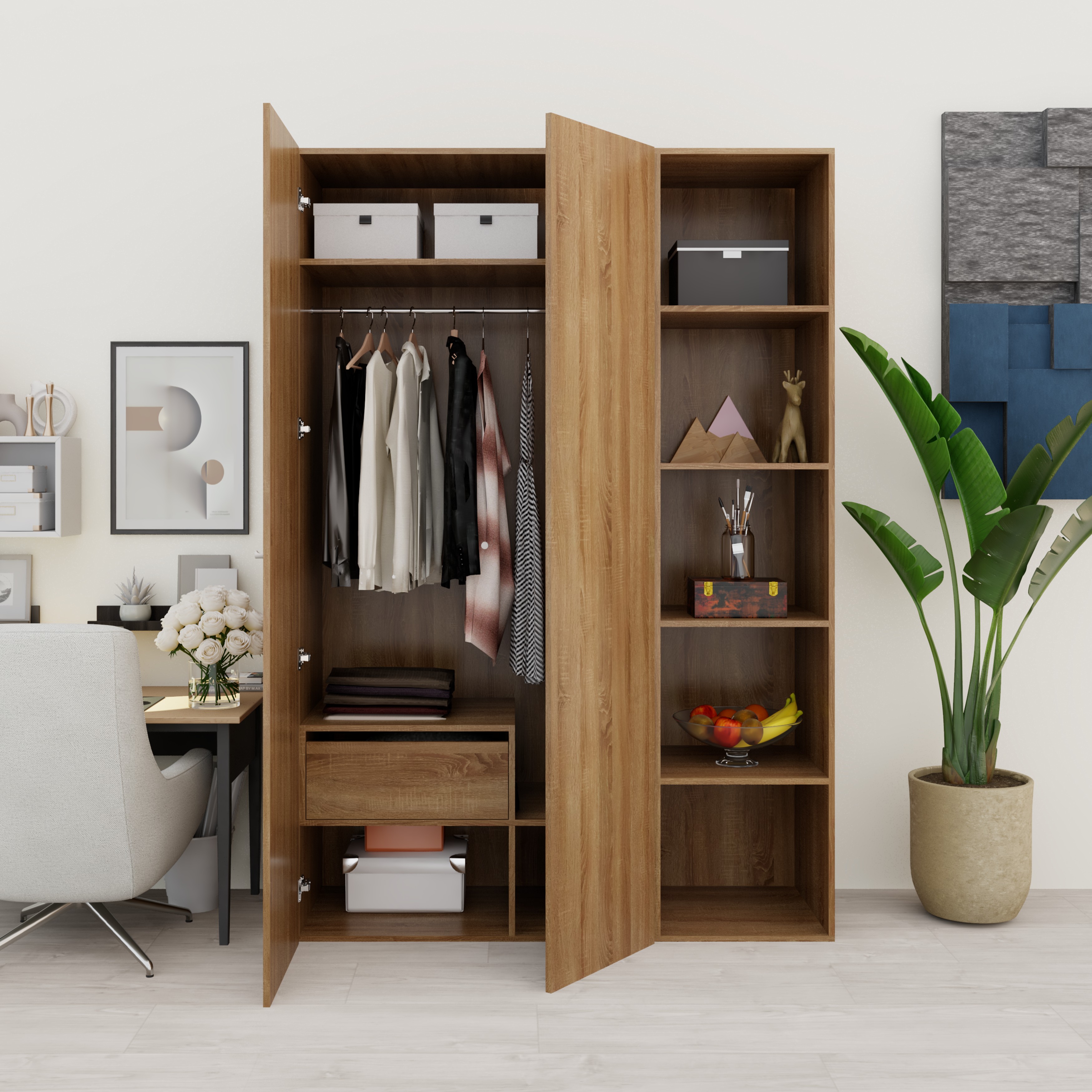 SCANDINA, Tủ quần áo 2 cánh mở kết hợp kệ , 150cm x 55cm x 220cm , TCM_098
