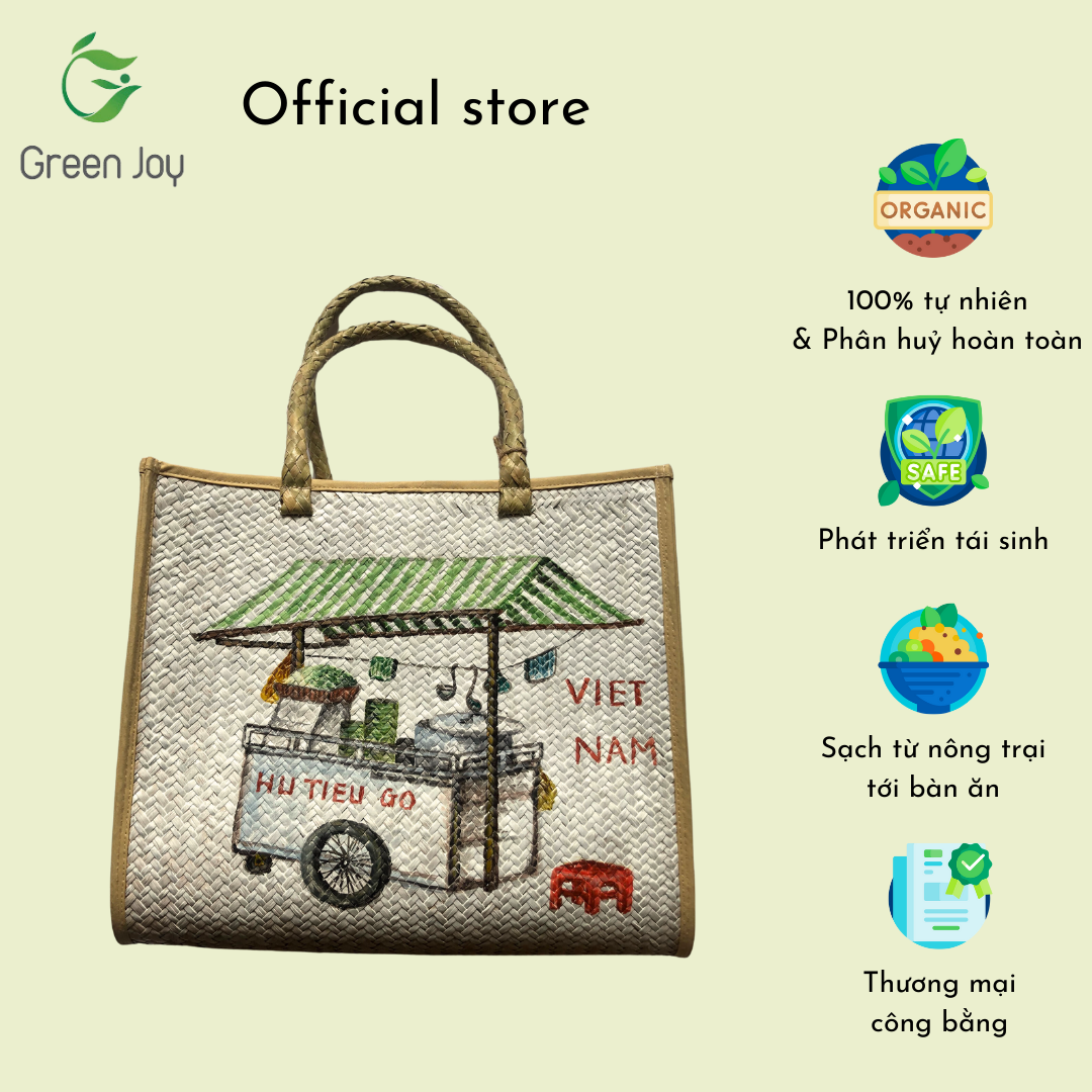 Giỏ xách vuông cỏ bàng vẽ Green Joy