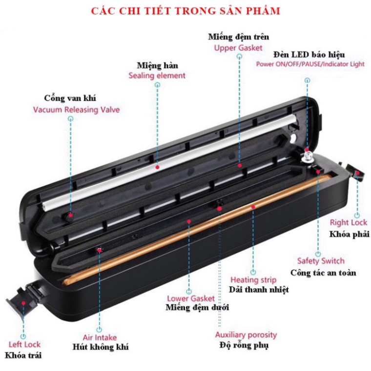 Máy hút chân không thực phẩm đa năng kèm hàn miệng túi Vinetteam Vacuum Sealer tặng 10 túi hút - hàng chính hãng